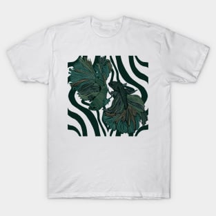 Two Betta Fish On Green Swirly Pattern T-Shirt